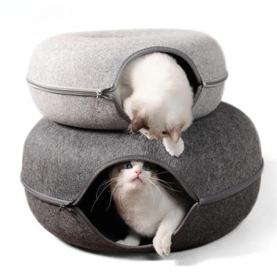 Кровать-пончик для кошек для 2 кошек, игрушки-туннели для кошек, домик для котят, корзина, интерактивные игрушки для кошек, натуральный войлок, пещера-гнездо для кролика