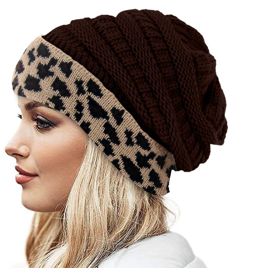 Womens Unisex Knit Winter Thick Leopard Fleece Lined Warm Hats