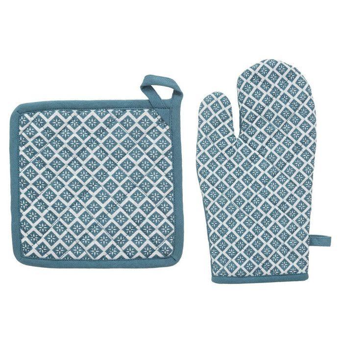 Printed Glove + Potholder 100% Cotton - Duck Blue