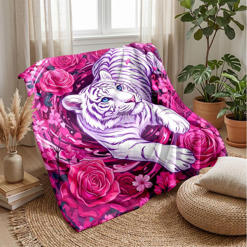 Tiger amidst roses 2 Theme blanket Lightweight Warm Flannel Blanket Decorative Throw Blanket for Home Decoration