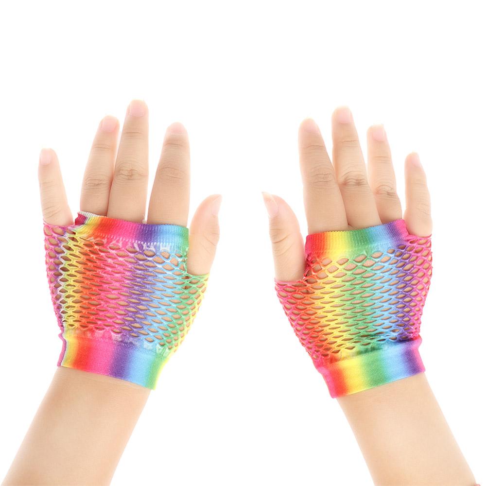 New Wedding Party Colorful Fingerless Mesh Net Disco Dance Hollow Out Holes Gloves Rainbow