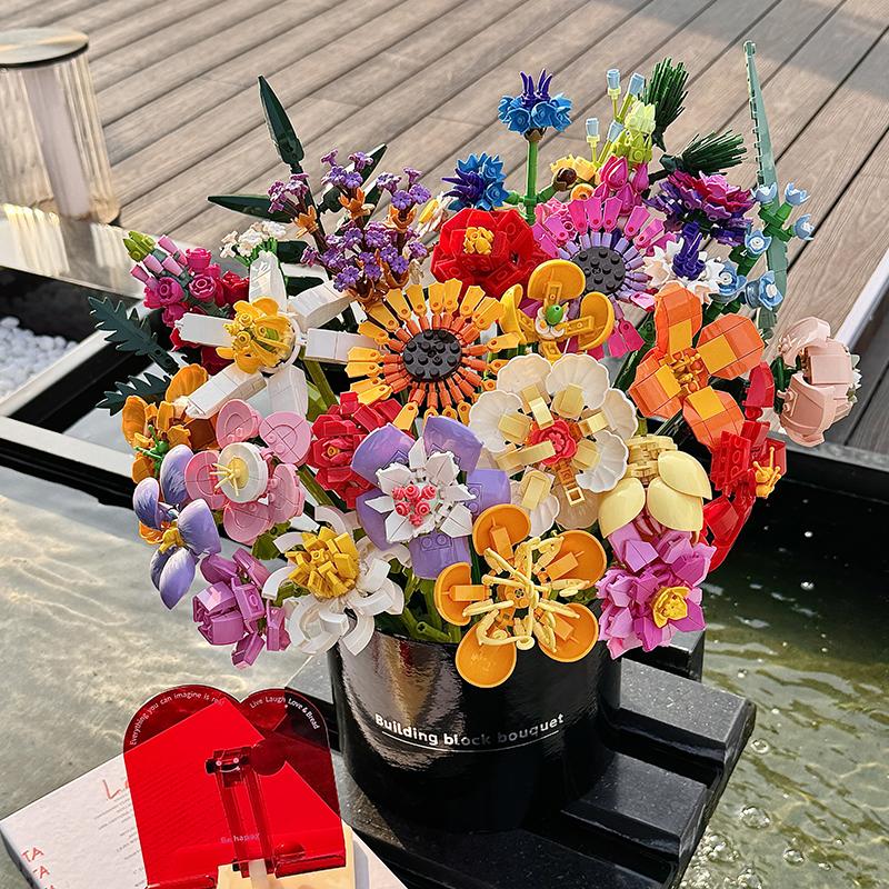 Букет из вечной розы и подсолнуха, конструктор, мини-кирпичики DIY для взрослых, невянущий подарок на День святого Валентина, годовщину, декор для дома