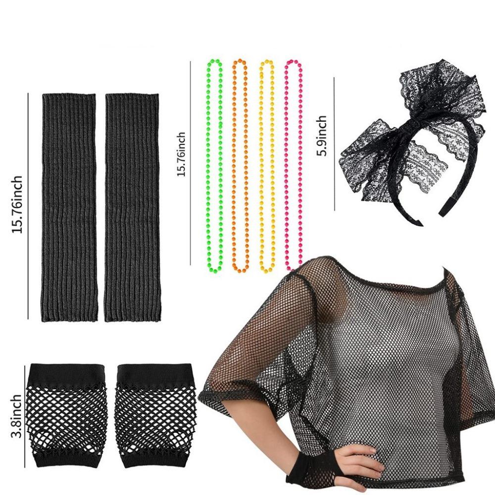 Leg Warmers Fishnet Shirt Necklace Set Gloves Choker Necklace for 80s Theme Party Costumes