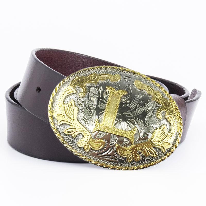 Whole Cowhide Retro Men's Belt Letter L Gold and Silver Two-color Oval Buckle Belt Men