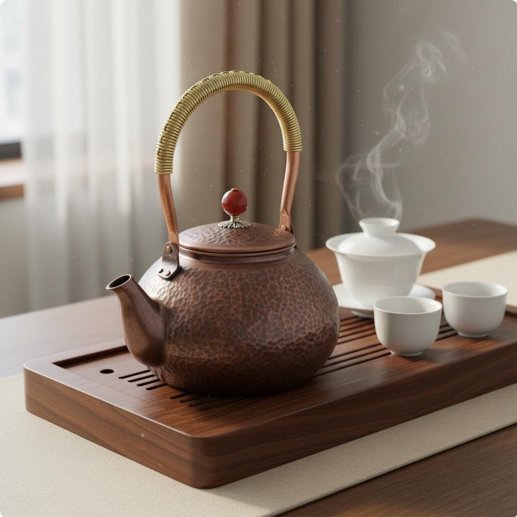 Hammered Copper Teapot Decorative Handmade Copper Kettle Vintage Design Tea Kettle Long-Lasting Stovetop Cookware Wrapped Handle