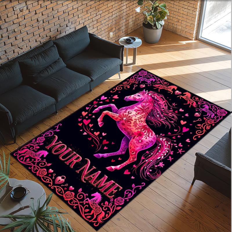 Horse Theme Crystal Velvet Floor Rug Personalized Custom Name Text Warm Carpet Home Decoration