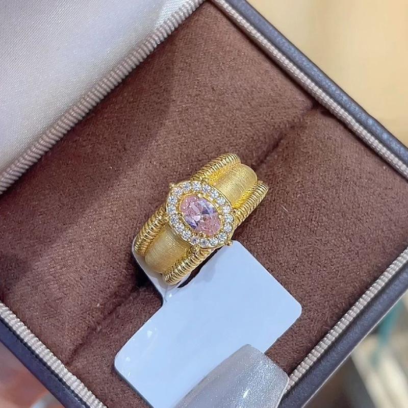 Retro oval brushed sapphire rings for women vintage Court style sparkling inlay diamond Pink wide ring wedding fine