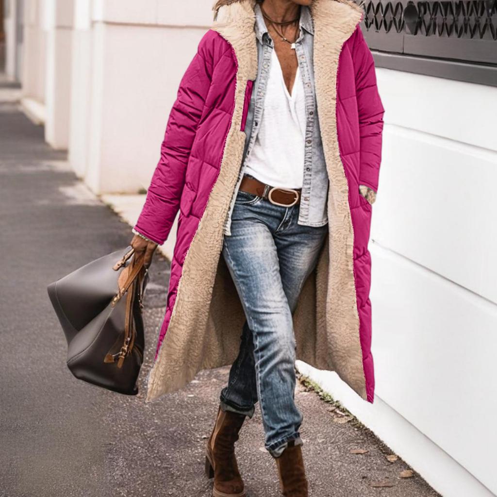 Women's Fashion Casual Warm Solid Color Hooded Cotton Jacket Long Sleeve Double-sided Slim Fit Temperament Cardigan Top Jacket