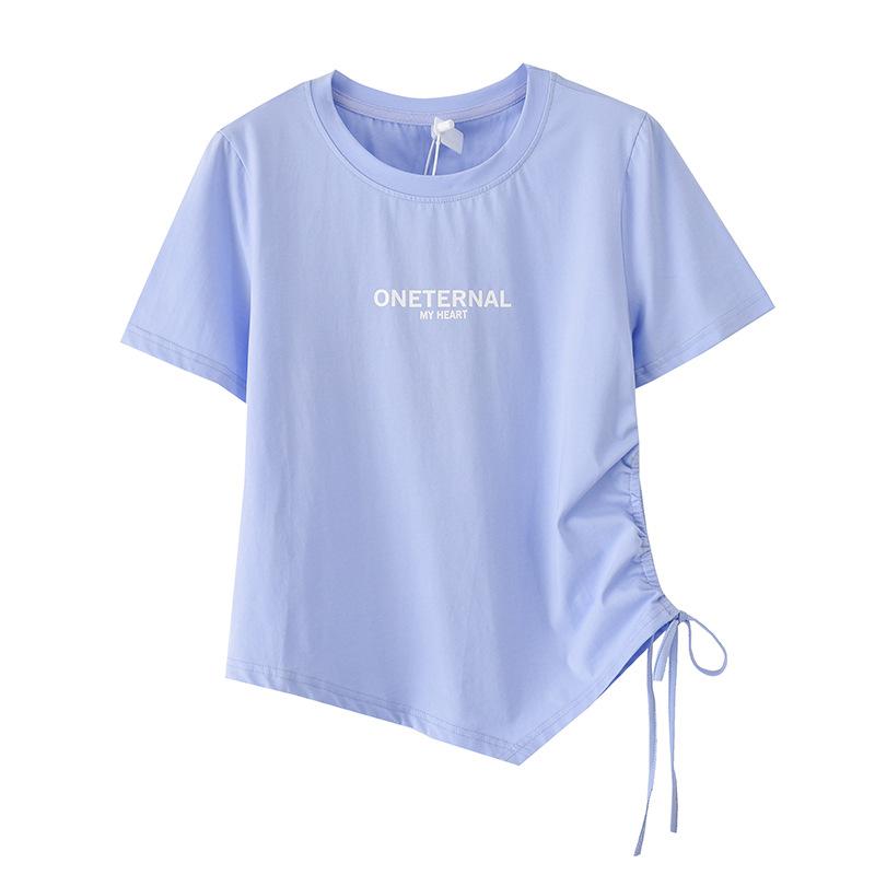 Short-sleeved T-shirt women's summer new large-size women's clothing pure desire style design round neck drawstring top 140274