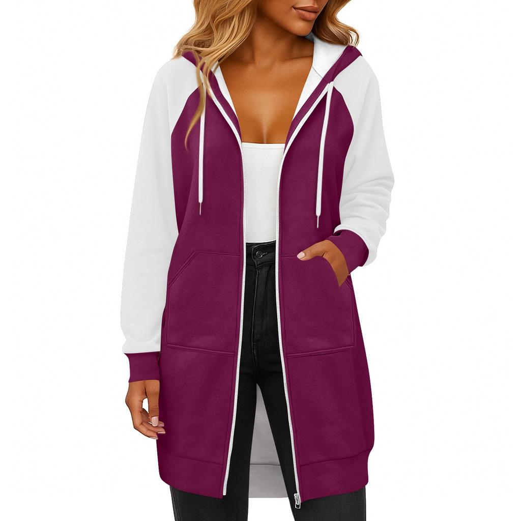 Women's Fashionable Color Blocked Long Sleeved Drawstring Hooded Zipper Pocket Long Casual Sweatshirt Jacket