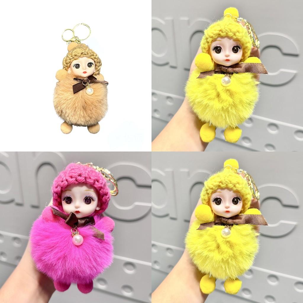 Soft And Cuddly Plush Big-eyed Doll Keychain Charm In Various Sweet Bow Colors