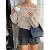 Осень Зима С открытыми плечами Простой Однотонный Женский Вязаный Свитер Эффект Похудения Универсальный Рукав-фонарик Теплый Свитер
