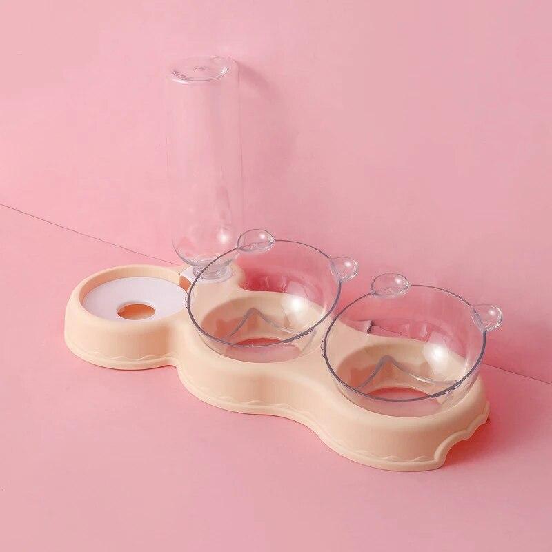 Cat Double Bowl Splash-proof Dual-use Automatic Water Feeder Drinking Basinanti-overturning Pet Dog Plate 1.8 L Large Bottle