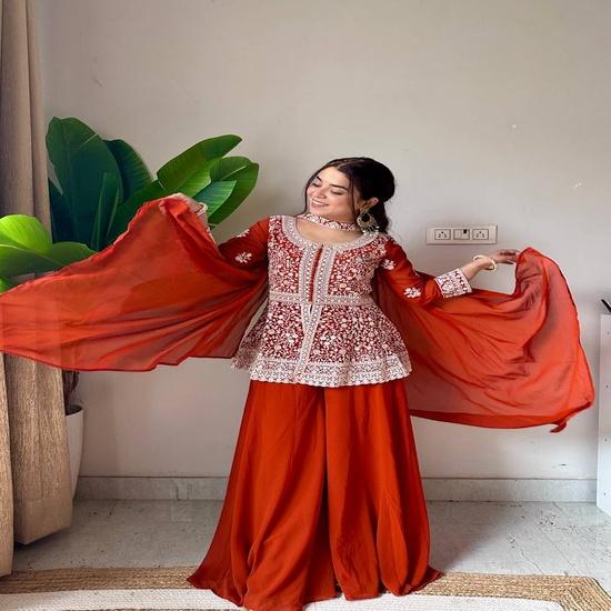 Radiant Rust Orange Georgette Sharara Set with Intricate Chikankari Embroidery