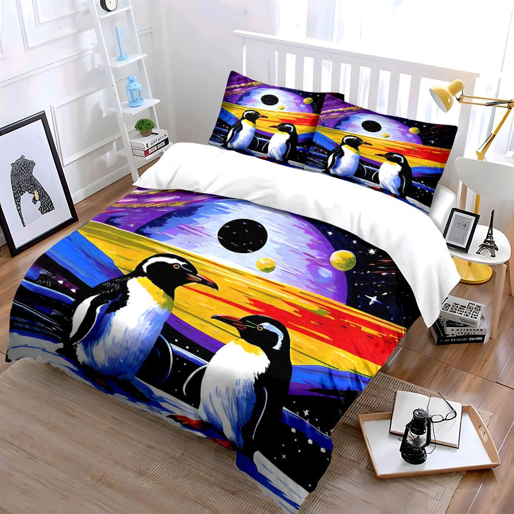 Penguins in Colorful Galaxy Bedding Duvet Cover Set Duvet Cover Pillowcases (1*Duvet Cover 2*Pillowcases, without duvet insert)