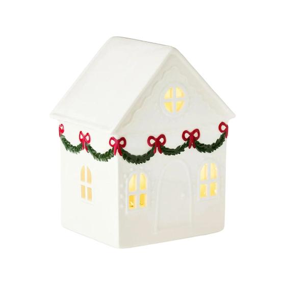Yousheng Christmas Mini Village House Figurine LED Lighted Winter Resin Town Cottage Tiny Desktop White House Ornament for Home Shelf Cabinet Table