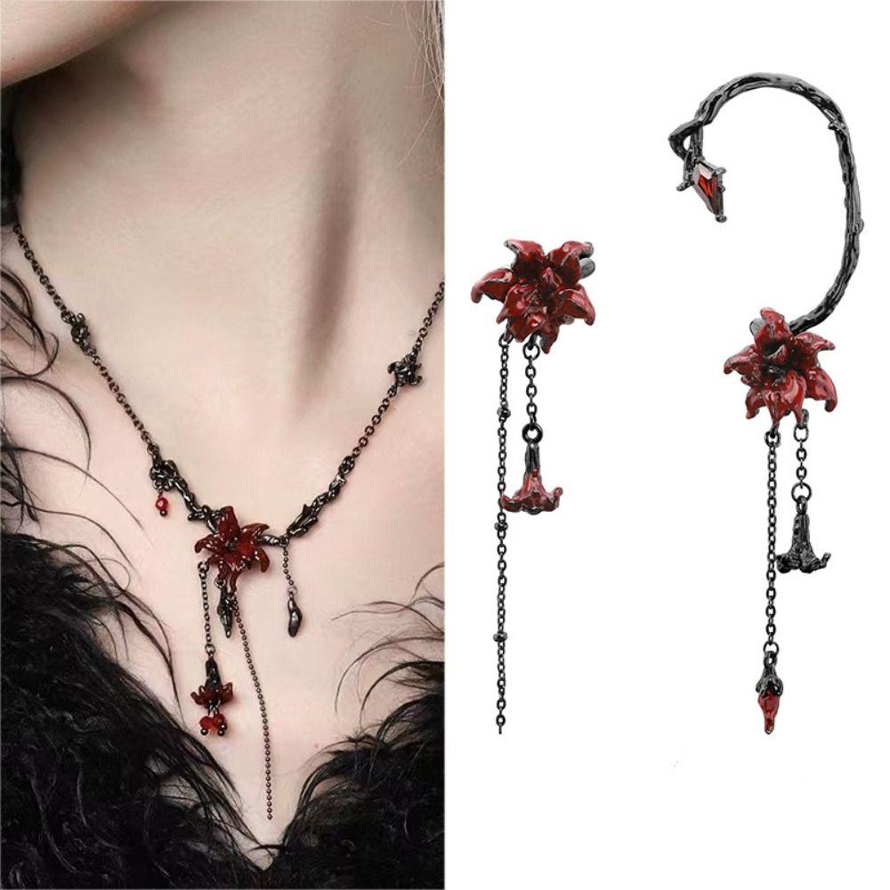 Dark Red Mandala Flower Jewelry Punk Style Necklace Retro Earring Women Accessories