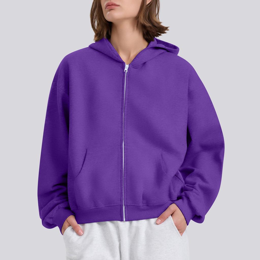 Женская однотонная свободная толстовка с капюшоном на молнии с длинным рукавом