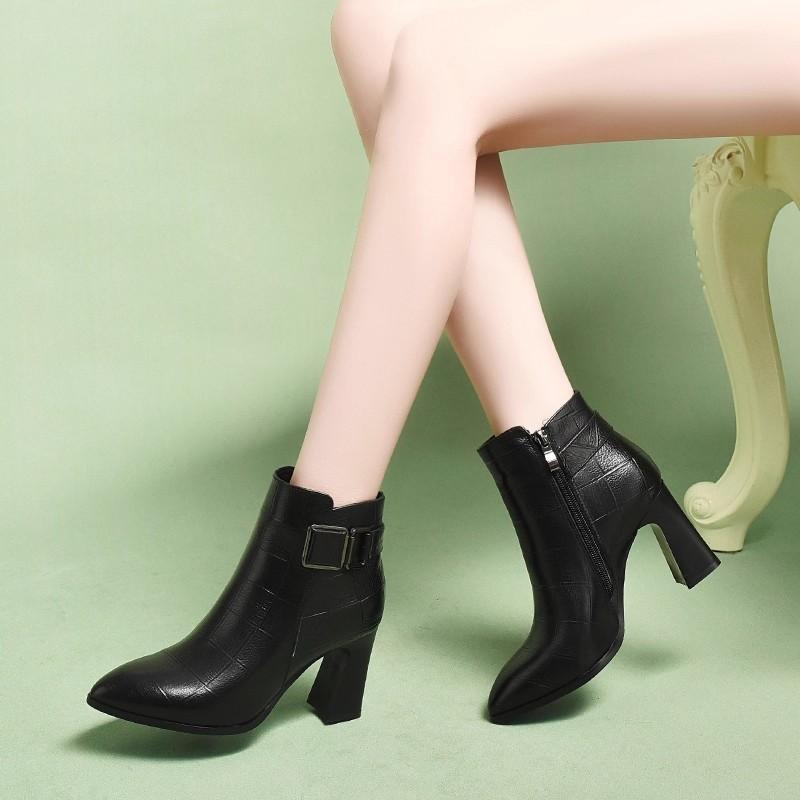 New Style Short Boots: Women's Shoes with Thick Heels, Pointed Toe and Cotton Mid-heel Belt Buckle