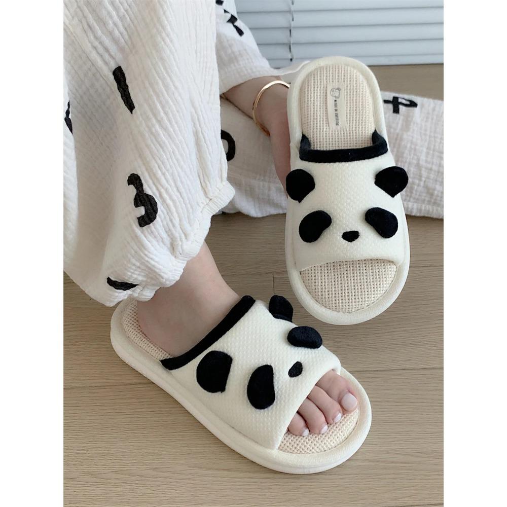 Льняные тапочки Panda для женщин и мужчин, четыре сезона, для дома, нескользящая мягкая подошва, милые тапочки для пар