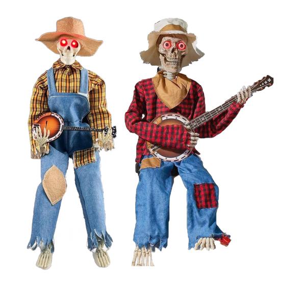 Halloween Skeleton Ornament Animated Country Skeleton Musician Band Banjo Player Statue Farmhouse Style Haunted House Decor