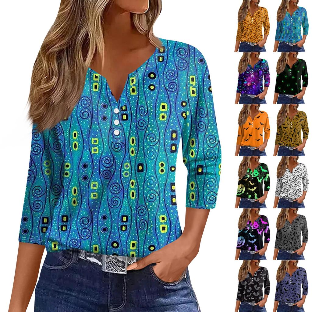 Женские топы с рукавом 3/4 с цветочным принтом на Хэллоуин, винтажные модные повседневные свободные рубашки с v-образным вырезом, рубашки больших размеров
