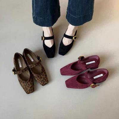 Туфли Мэри Джейн квадратный носок одинарные туфли женские новые ретро толстый каблук 2025 одно слово леопардовый принт бархатная пряжка весна и осень замшевый ремешок