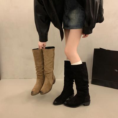 Версия из коровьей кожи ретро мода коричневые ботфорты на каблуке женские осенние новые высокие тонкие ботинки замшевые универсальные ботинки