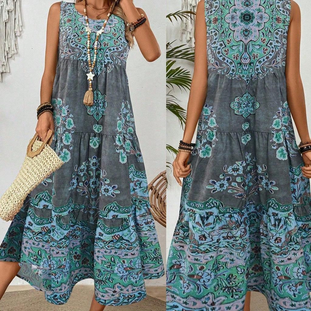 Платье макси с цветочным принтом в стиле бохо, повседневное платье больших размеров для женщин, модный сарафан без рукавов, винтажное платье