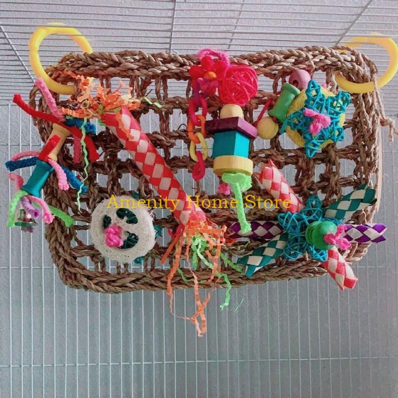 F26C Игрушка для поиска корма из морской травы Деревянные блоки Игрушки на натуральной веревке Подвесная игрушка для корма Жевание Развлечение для какаду Какатил Волнистого попугайчика Ара