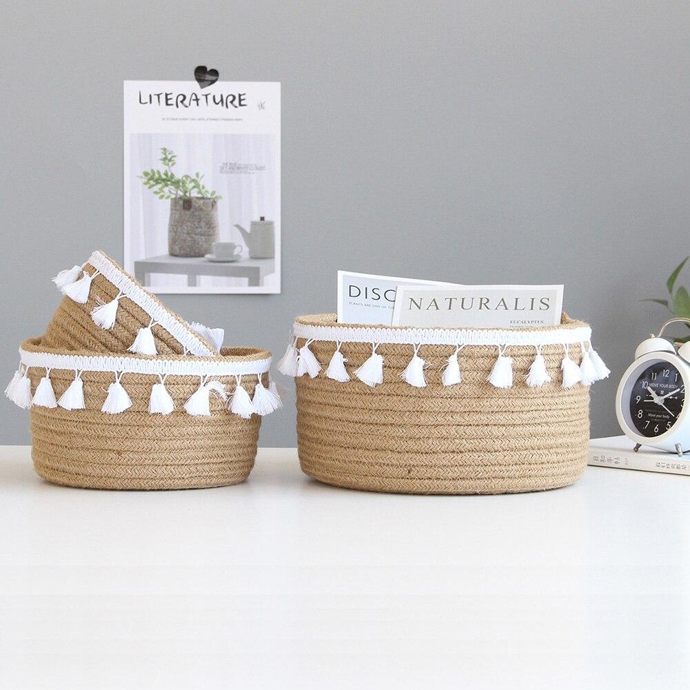 Винтажная хлопковая веревочная корзина для хранения с кисточкой, бытовая плетеная корзина для хранения, корзина для хранения с ручками и кисточкой