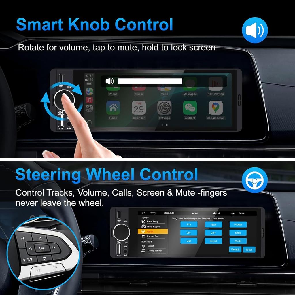 Single Din Car Stereo with Apple CarPlay & Android Auto, 6.36 Inch HD Touch CarPlay Screen, Backup Cam,Bluetooth, USB Type-C, SWC, EQ, FM Radio (with