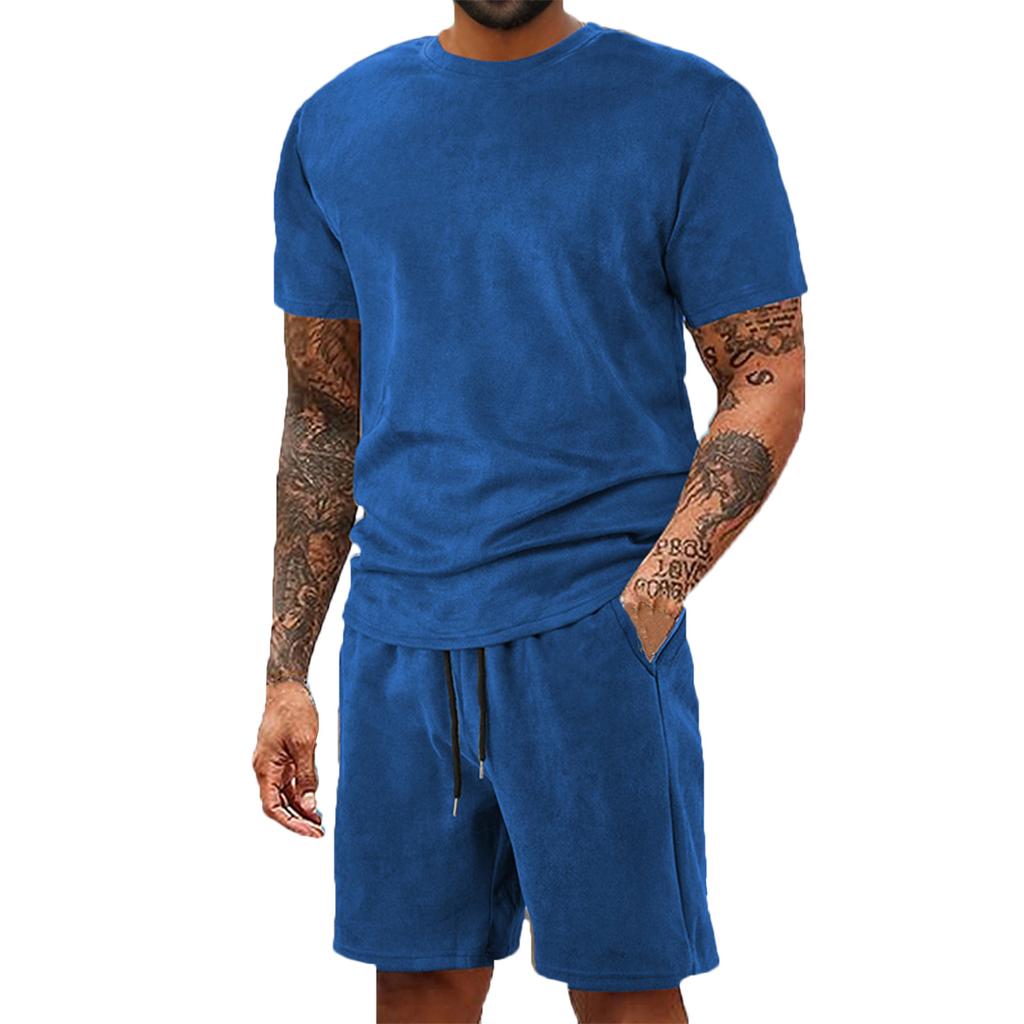 Мужской однотонный повседневный комплект из двух предметов с круглым вырезом и короткими рукавами