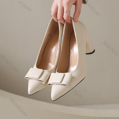 Элегантные туфли на каблуке Женская обувь Весна Осень Новые с бантом Женский темперамент Толстый высокий каблук Острый носок Женские туфли Однотонные женские каблуки