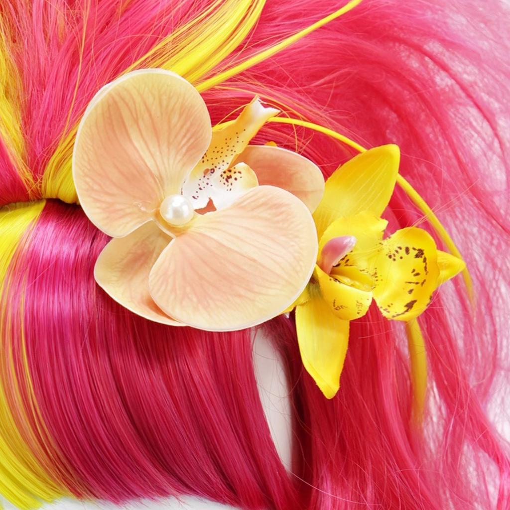 Двухцветный желто-розовый градиентный длинный кудрявый синтетический парик с цветочным украшением для волос, волнистая прическа для косплей-вечеринки, костюмированного мероприятия