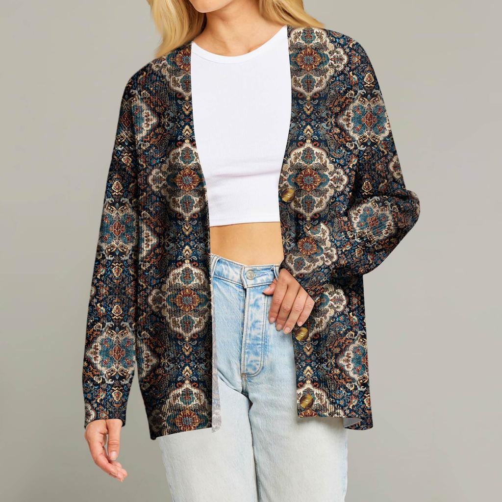 Женский модный кардиган с длинным рукавом, V-образным вырезом, на пуговицах, свободного кроя, с рождественским принтом