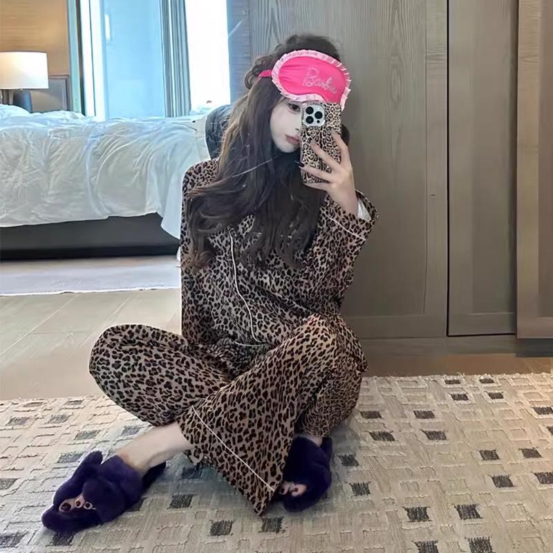 Весна/Лето Женский Пижамный Комплект С Леопардовым Принтом - Тонкий Кардиган и Сексуальный Домашний Наряд