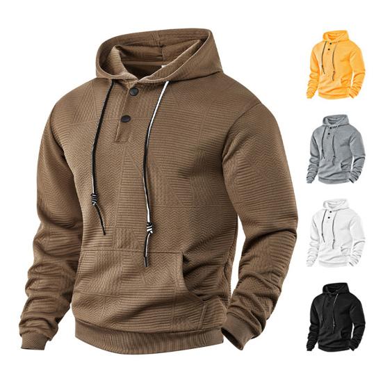 Men Hoodie Jacquard Texture Hooded Drawstring Long Sleeve Pullover Tops with Front Pocket Solid Color Spring Autumn Tops