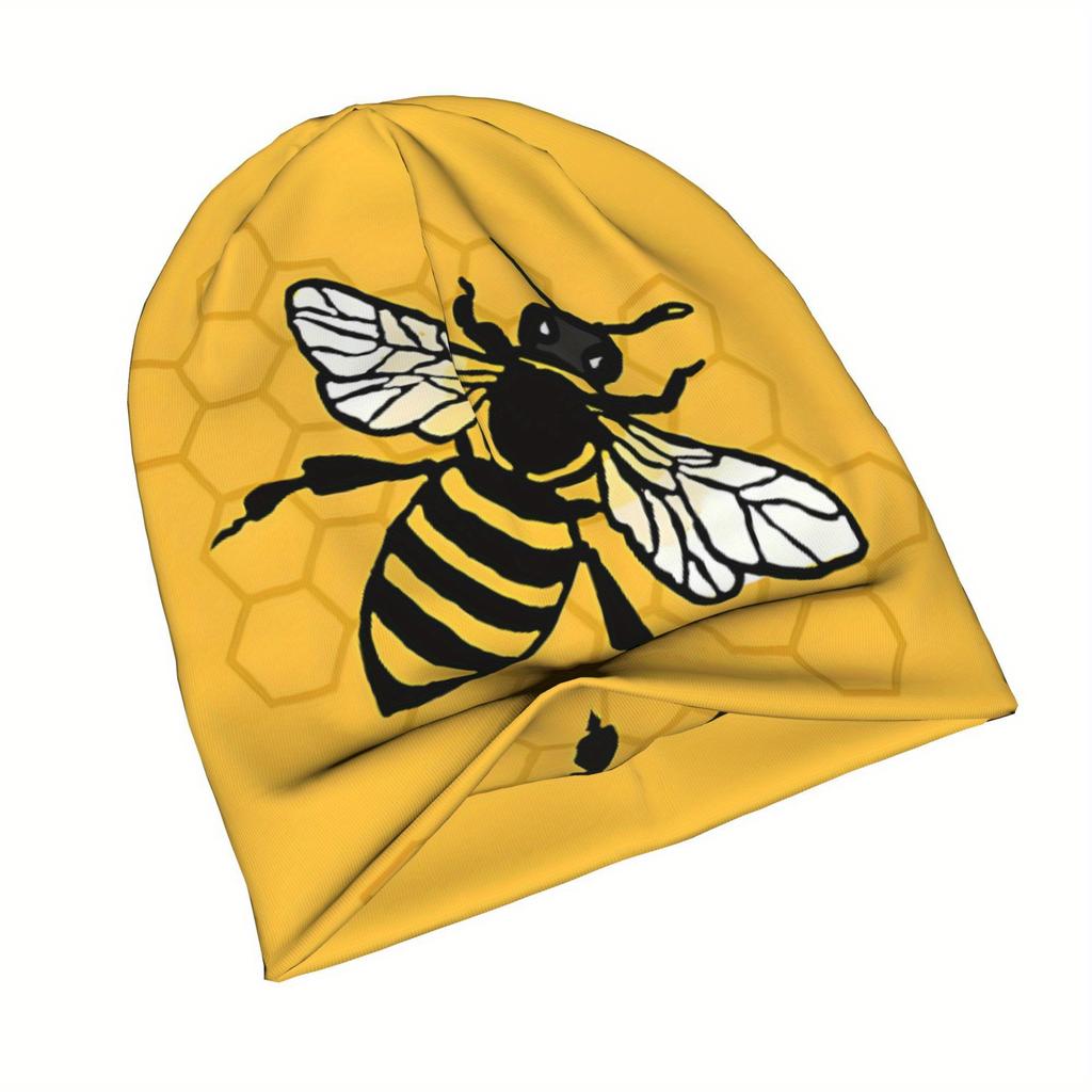 Мужская вязаная шапка-бини Just A Bee - Горчично-желтая, с рисунком пчелы и сот, Эластичная, удобная посадка, Модная оригинальная шапка для повседневной носки