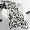 Black and White Floral Skirt Women's Mid To Long Style Small Height High Waist A-line Fresh Floral Skirt