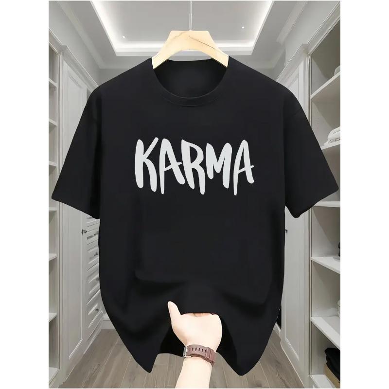 Европейские размеры A Мужская повседневная футболка с принтом буквы 'KARMA' - Круглый вырез, короткие рукава, слегка эластичная трикотажная ткань