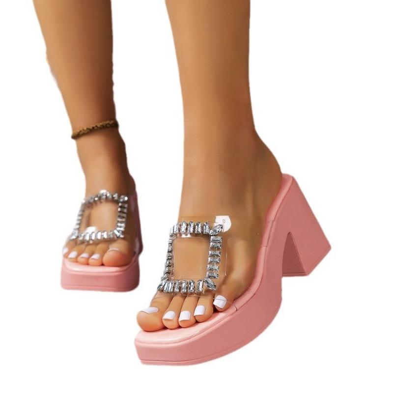 Крутые шлепанцы на толстой подошве и высоком каблуке для женщин, модные шлепанцы с перемычкой и стразами большого размера для женщин