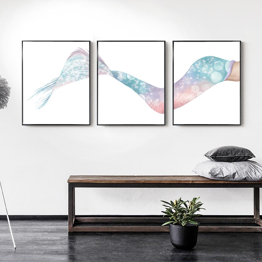 Детская Настенная Живопись Плакат с Хвостом Русалки Мультфильм Океан Животные Картина На Холсте Синее Море Печать Скандинавская Картина Девушка Спальня Домашний Декор