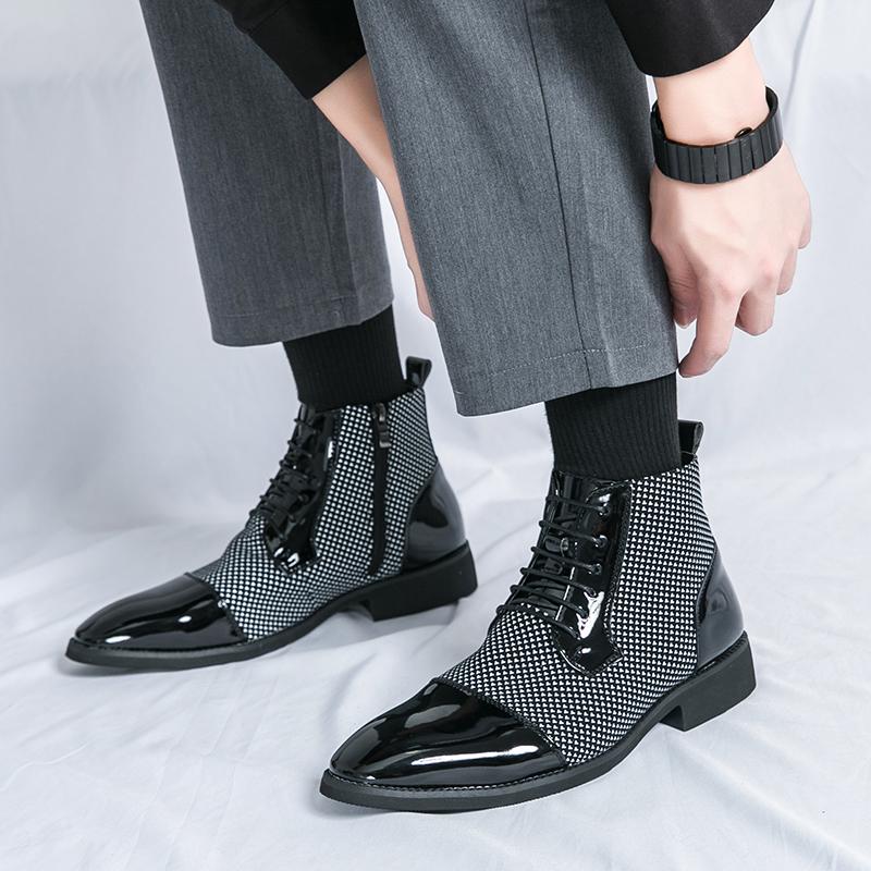 New Male Pointed Mixed Patchwork Lace Up Ankle Boots Men Casual Luxury High Top Platform Shoes Zapatos Hombre