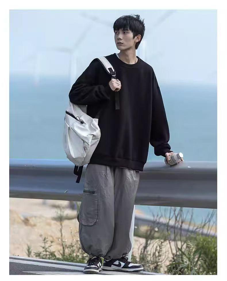 Men's Trendy Loose Round Neck Hoodie - Autumn/Winter, Long Sleeve, Plain Color, Versatile Design