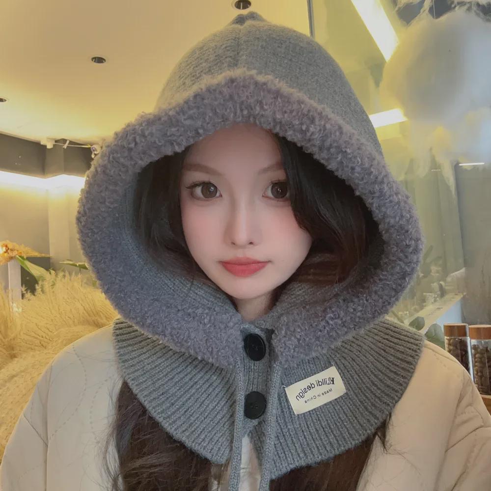 Women's Solid Color Wool Balaclava - Warm Korean Pullover Neck Protection Hat for Autumn and Winter