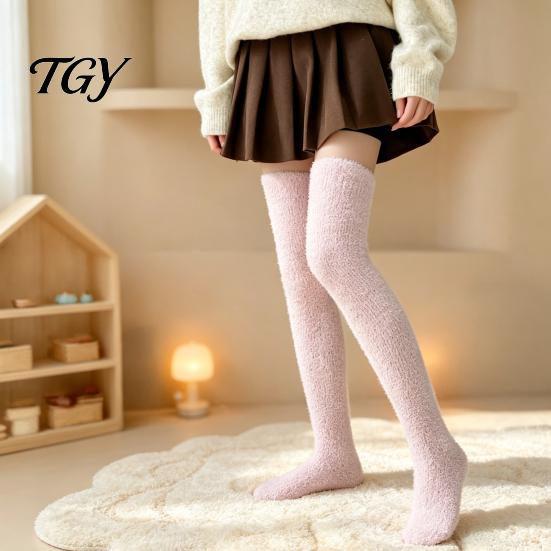 Soft Fleece Sleep Socks 1 Pair Fuzzy Thigh High for Women, Long Fluffy Skin Friendly Plush Hosiery Leg Warmer, Thickened Over The Knee Stockings,