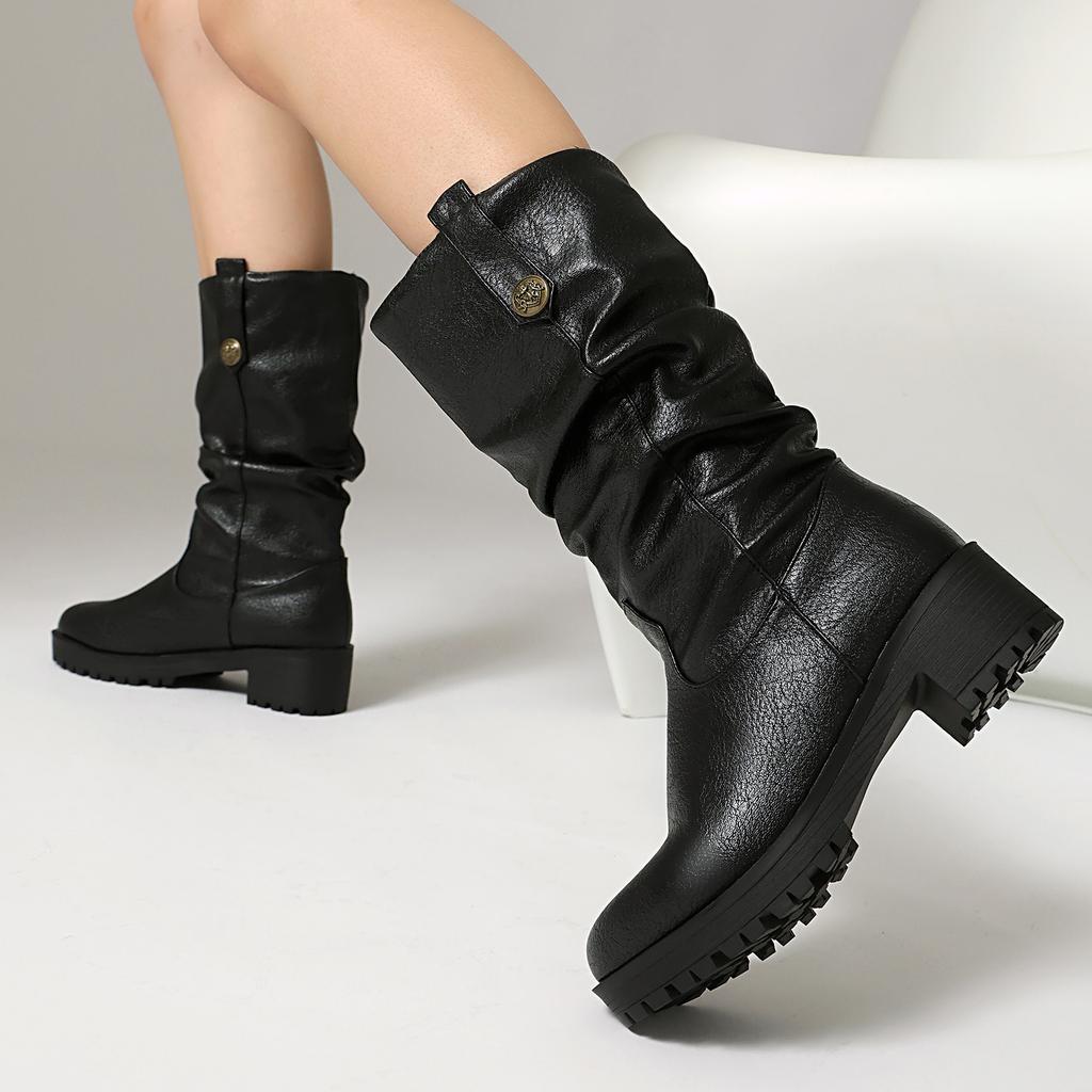 Women's Low-heeled Boots Autumn and Winter New European and American Thick-heeled Large-size Roman Medium Boots