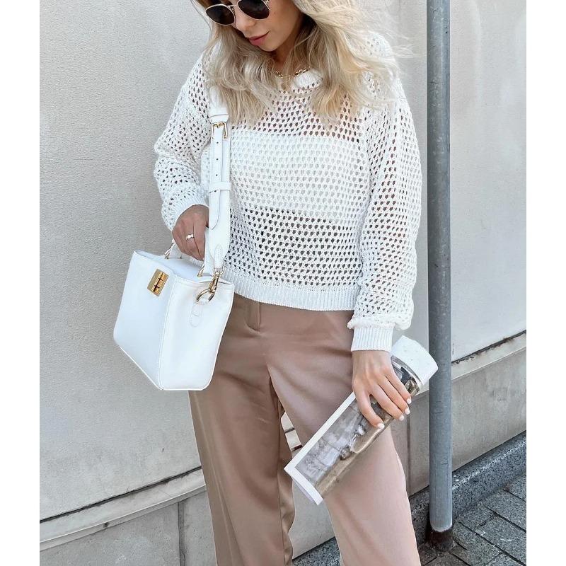 Прозрачный винтажный топ с длинным рукавом, свободные пуловеры, базовая сексуальная футболка для женщин, летний вязаный свитер, женская футболка оверсайз