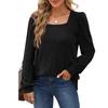 Fashion Autumn Winter Women's Rib Knit Square Neck T Shirt Casual Solid Long Sleeve Top